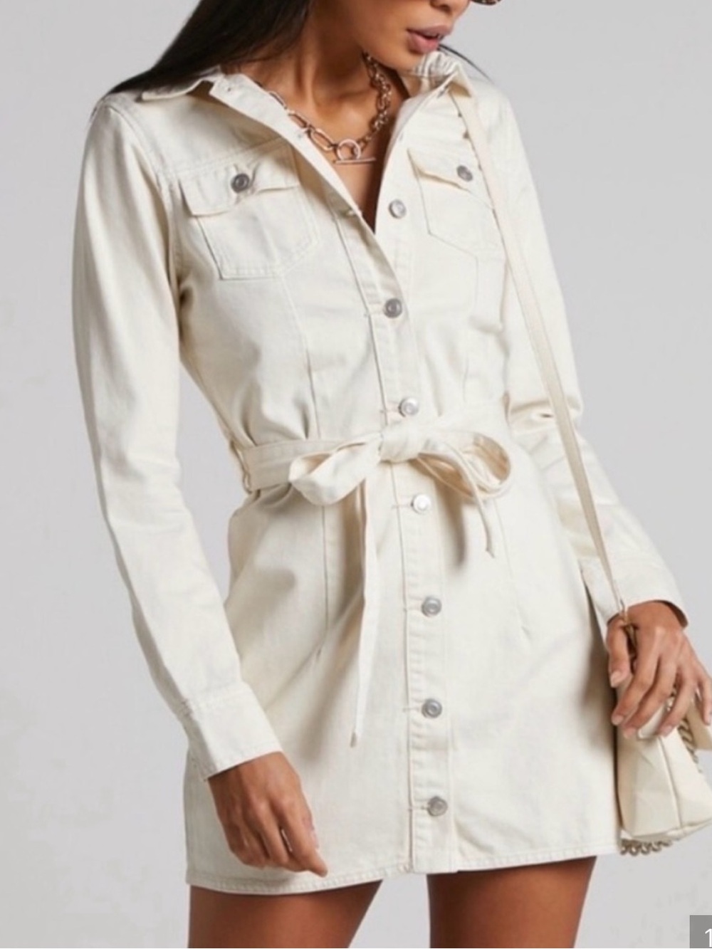 NWT Showpo. Cream Button-Front Tie-Waist Jean Jacket Dress